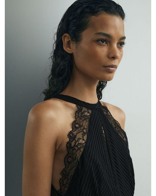 ATELIER Lace-trim Sheer Maxi Black Dress