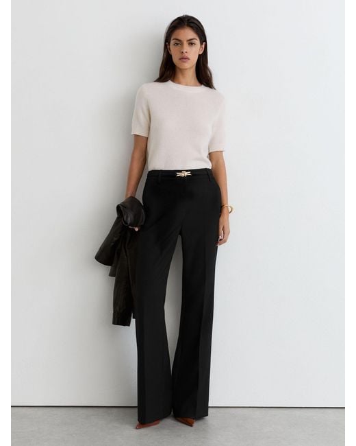 Reiss White Flared Knot-Hardware Belted Trousers