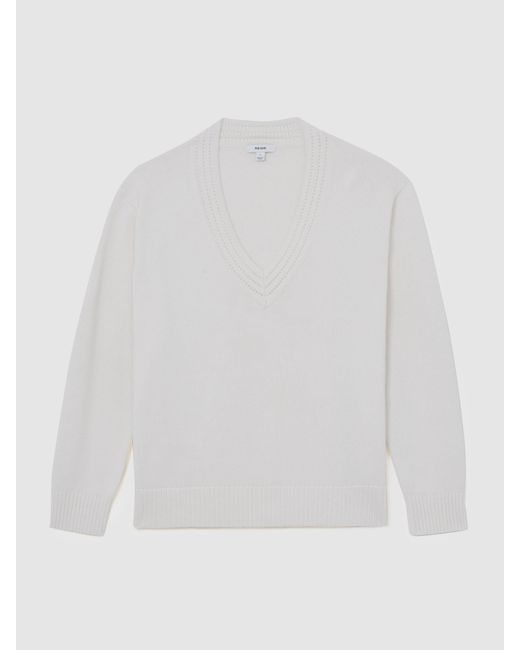 Reiss White Cherish - Ivory Cotton And Wool V-neck Jumper, Xs (us 2)