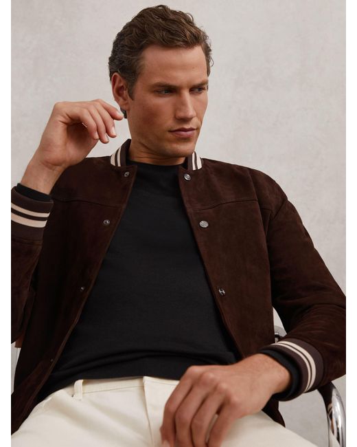 Reiss Black Suede Stripe-Trim Bomber Jacket for men