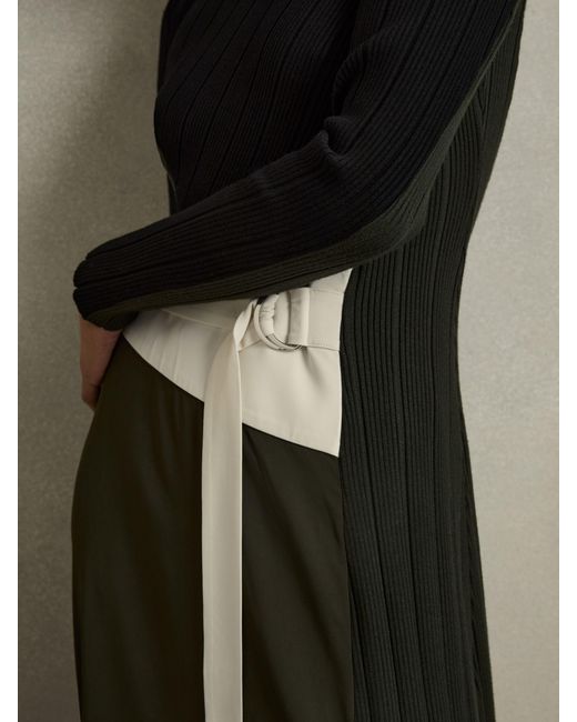 Reiss Natural Khaki & Rib Knit Belted Midi Dress