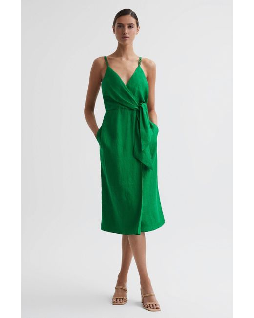 Reiss Esme - Green Linen Side Tie Midi Dress