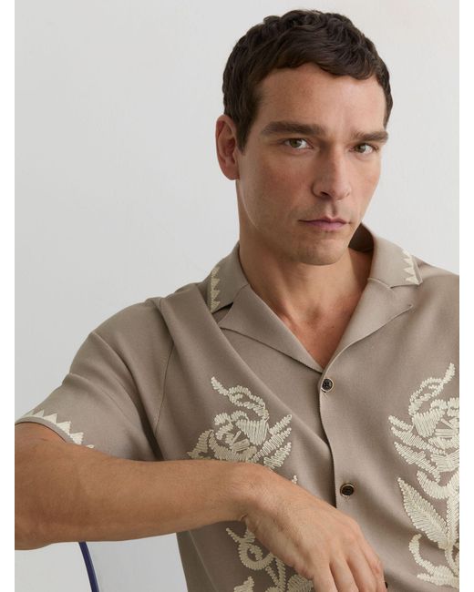 Reiss Natural Floral-Embroidered Knitted Shirt for men
