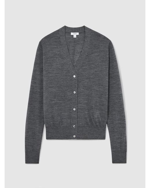 Reiss Gray Merino Wool V-Neck Cardigan