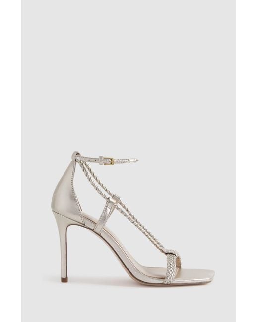 PAIGE White Gold Leather Plaited Strappy Heeled Sandals