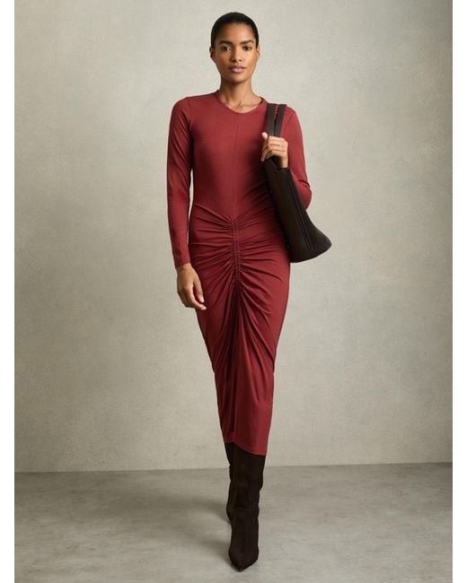 Reiss Red Ruched Jersey Midi Dress