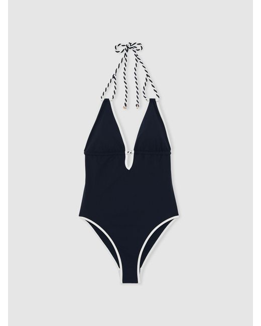 Reiss Blue Contrast-Trim Plunge-Neck Swimsuit