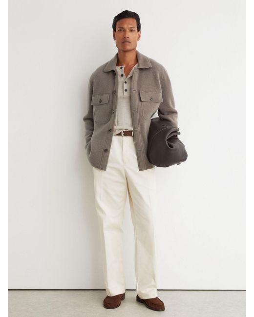 Reiss Banstead - Taupe Brown Brushed Wool Button-through Relaxed Overshirt, Xs for men