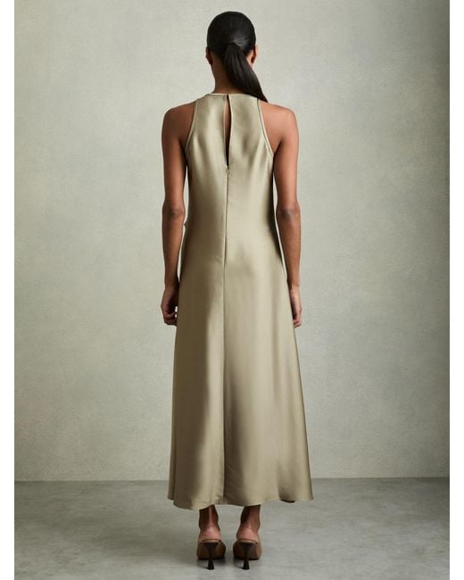 Reiss Green Satin Drape Tuck Midi Dress