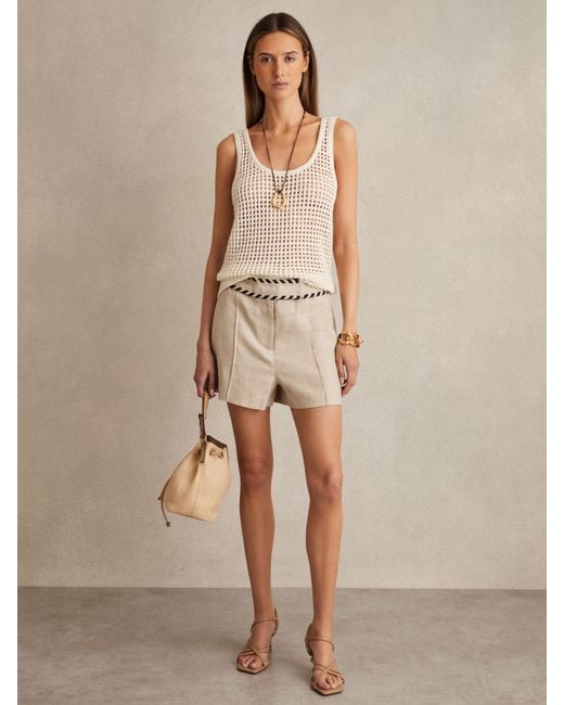 Reiss Natural Fawn - Neutral Linen Whipstitch Shorts, Us 12 L