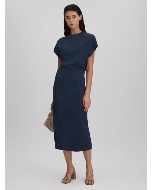 Reiss Tasha Ruched Bodycon Midi Dress in Blue | Lyst
