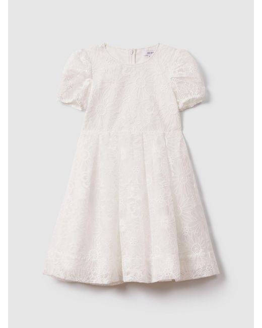 Reiss Natural Cotton Floral Lace Puff Sleeve Dress, Size: 13-14 Years