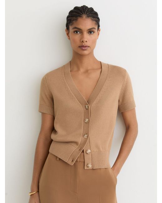 Reiss Natural V-Neck Short-Sleeve Cardigan Cotton-Wool