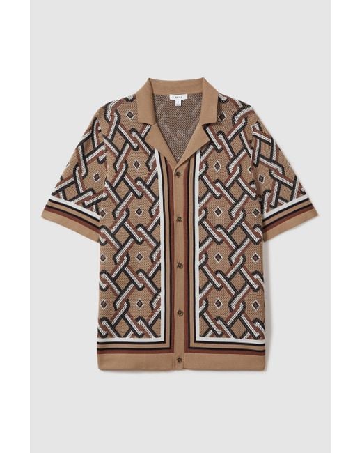 Reiss Natural Hyde - Camel Multi Knitted Cuban Collar Shirt, M for men
