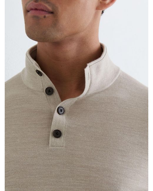 Reiss Gray Merino Wool Funnel-Neck Half-Button Jumper for men