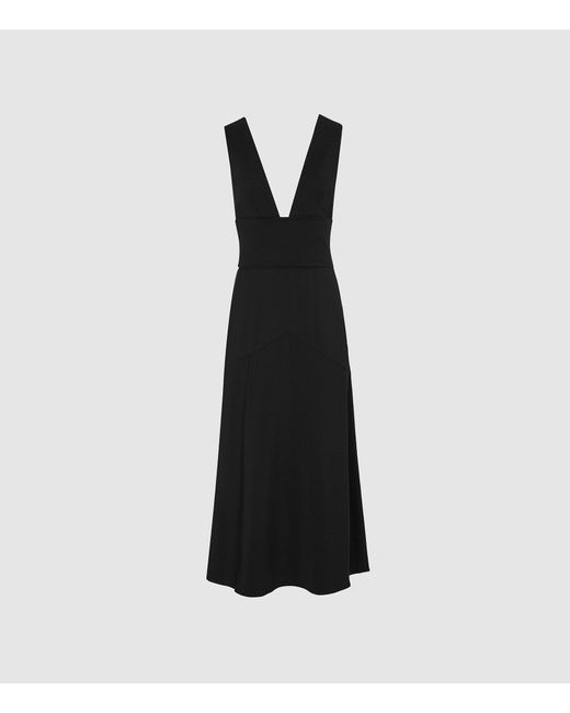 Reiss Black Adele - Plunge Neckline Midi Dress