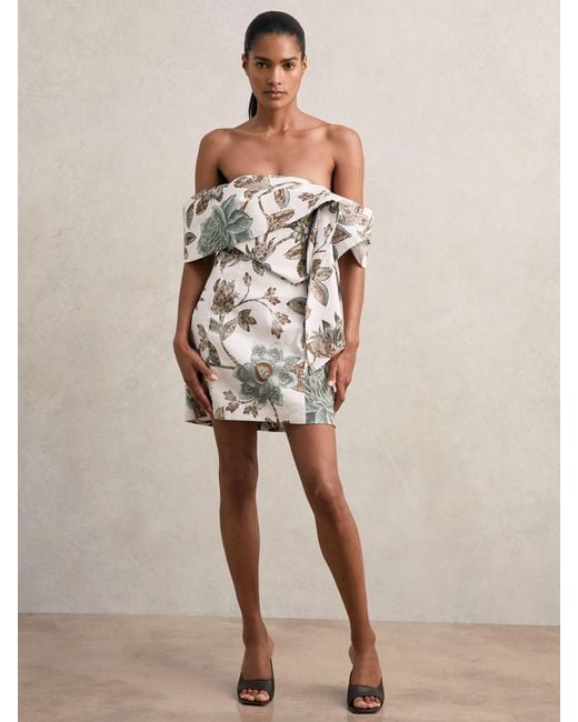 Reiss Natural Sculpted Off-Shoulder Floral Mini Dress Linen-Cotton