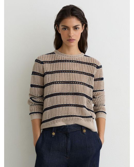 Reiss Multicolor Skylar - Neutral/navy Cotton-blend Open-knit Stripe Jumper, Xl (us 16-18)