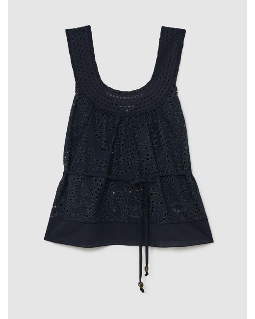 Reiss Black Larna - Navy Cotton Broderie Anglaise Cami Top, Us 12