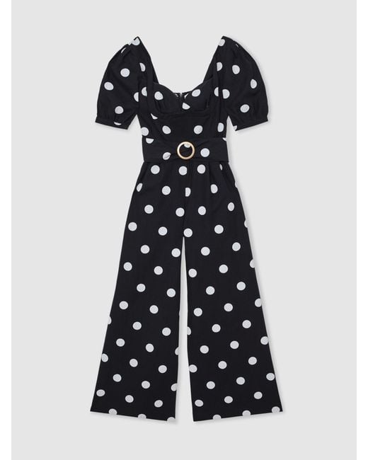 Reiss Blue Linen Polka-Dot Wide-Leg Jumpsuit