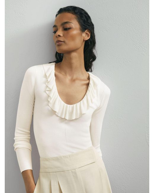 ATELIER Gray Silk Blend Ruffle Neck Knitted Top