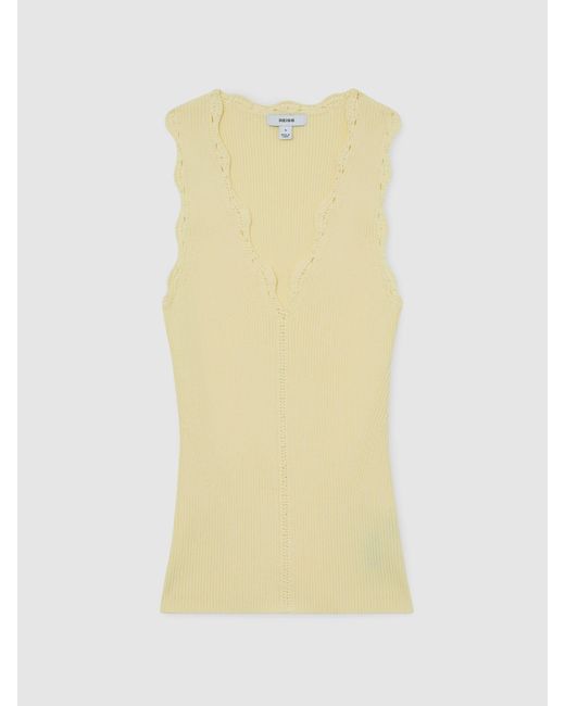 Reiss Natural Freya - Buttermilk Yellow Scallop-trim Rib-knit Vest, L (us 12-14)