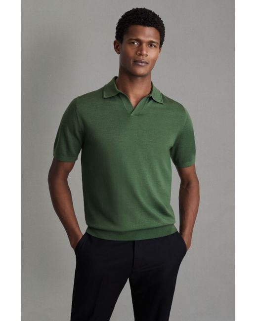 Reiss Duchie - Lizard Green Merino Wool Open Collar Polo Shirt, S for men