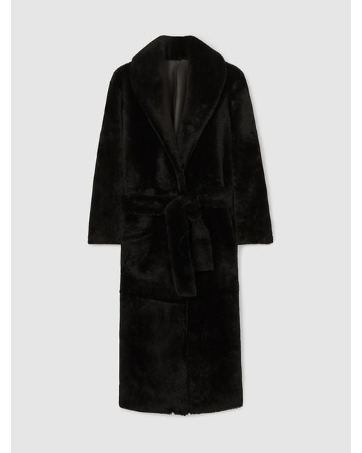 Reiss Black Shearling Belted Coat