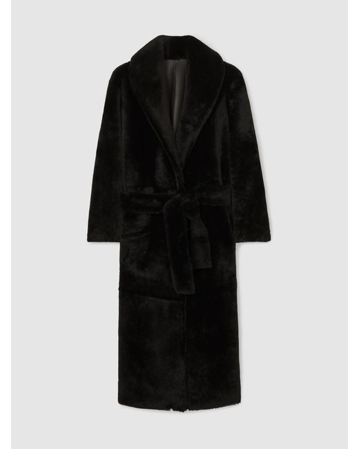 Reiss Black Shearling Belted Coat
