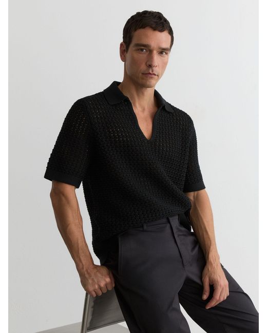 Reiss Black Crochet Open-Collar Polo Shirt for men