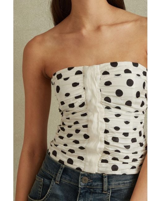 Reiss Multicolor Remie - White/black Viscose Linen Polka Dot Ruched Strapless Top
