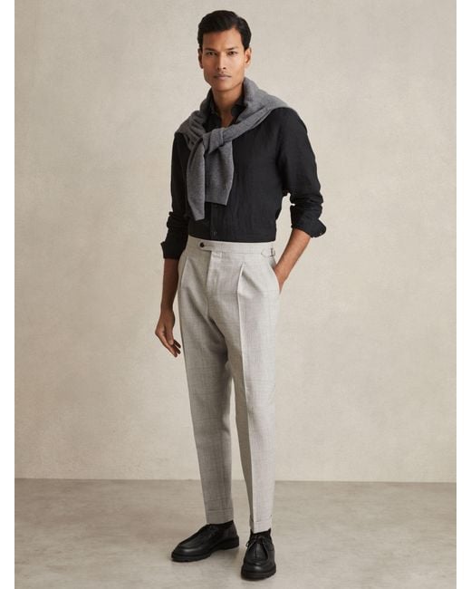 Reiss Natural Wool-Linen Check Tapered Trousers for men