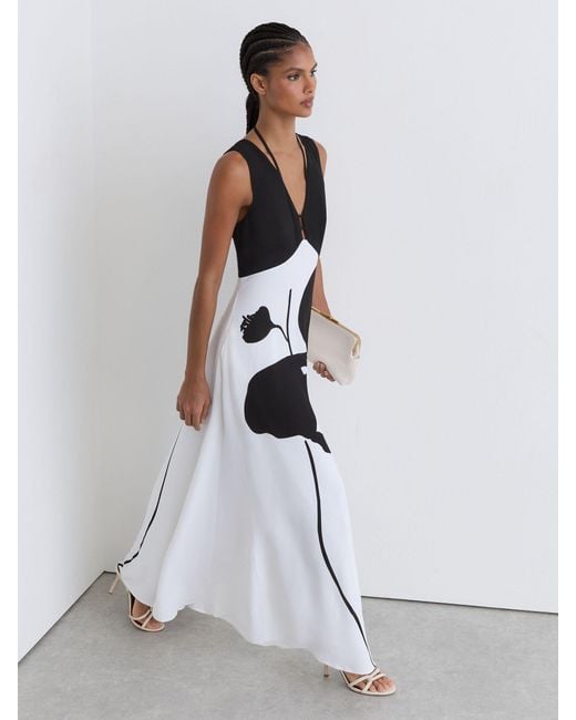 Reiss White Graphic Floral-Print Maxi Dress