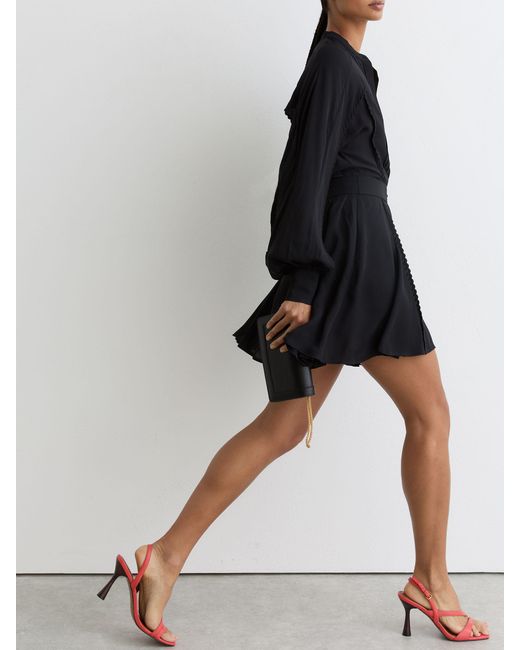 Reiss Black Embroidered-Trim Belted Mini Dress