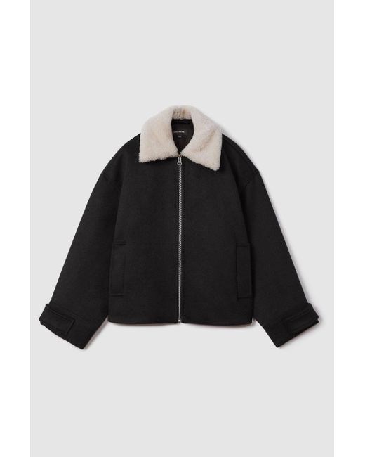 Meotine Black Wool Blend Shearling Collar Jacket