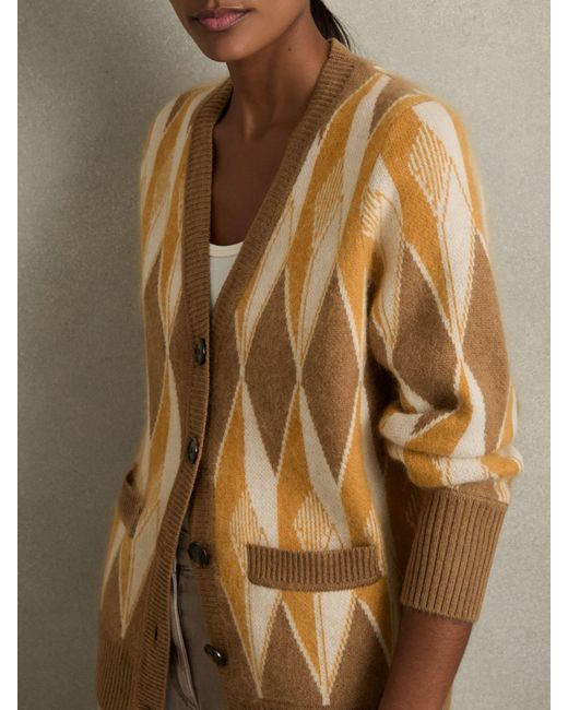 Reiss Natural Francesca Cardigan Wool Diamond Jacquard, Camel
