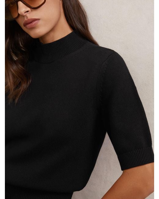Reiss Black Cotton And Wool Funnel-Neck Knit Top