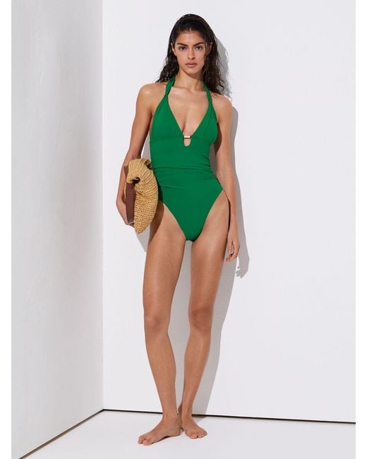 Reiss Green Pleat-Detail Halterneck Swimsuit