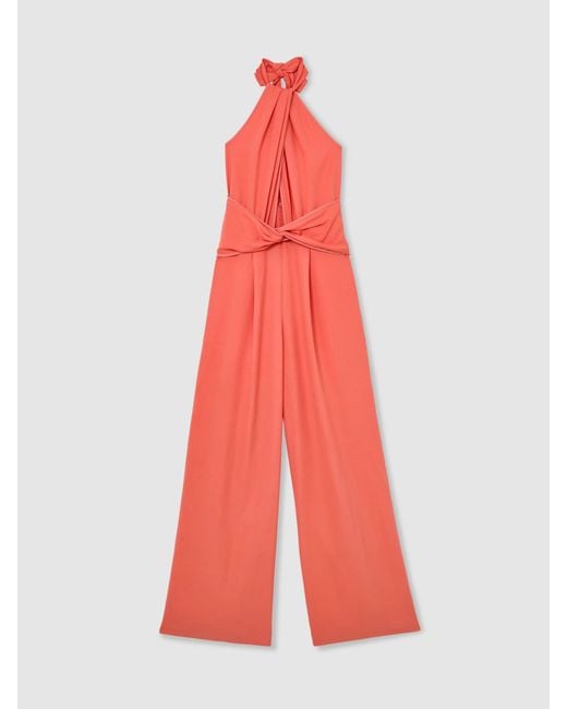 Reiss Red Twist-Front Halterneck Wide-Leg Jumpsuit