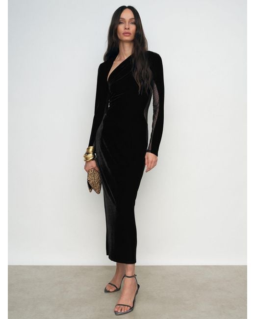 Reiss Black Velvet Sheer-Panel Cut-Out Midi Dress