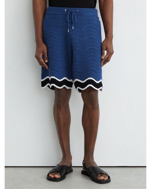 Reiss Blue Cotton-Blend Wave-Knit Tipped Shorts for men