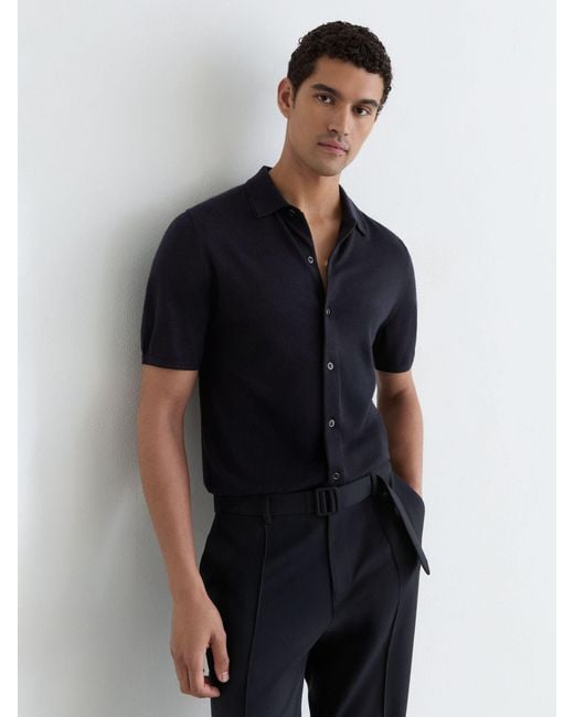 Reiss Blue Drayton Merino Wool Button-Through Shirt for men