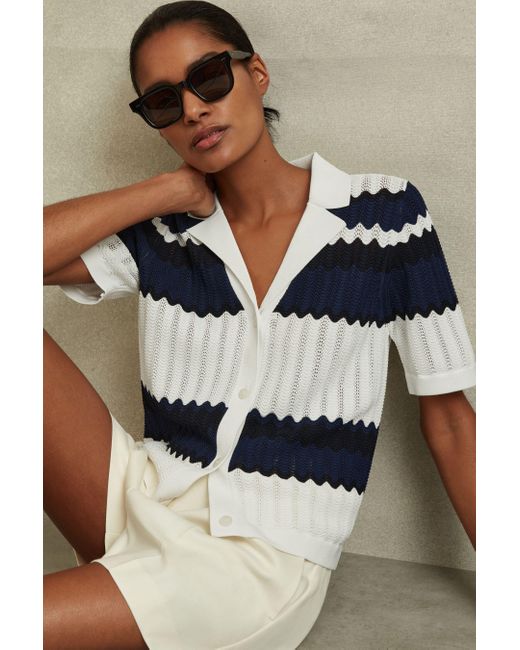 Reiss Multicolor Alba - Navy/white Knitted Colourblock Cuban Collar Shirt, M