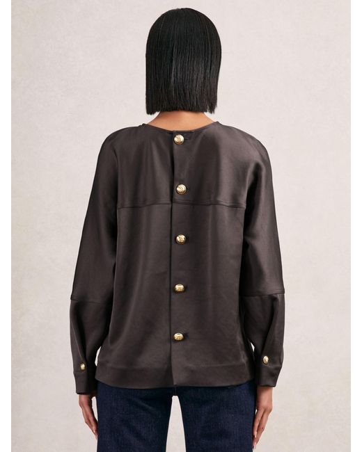 Reiss Blue Satin Button-Back Long-Sleeve Top