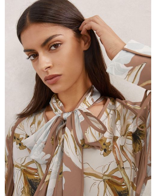 Reiss Natural Maggie - Pink/ivory Floral-print Tie-neck Blouse, Us 2