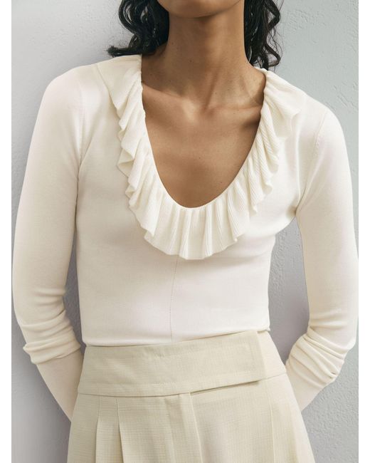ATELIER Gray Silk Blend Ruffle Neck Knitted Top
