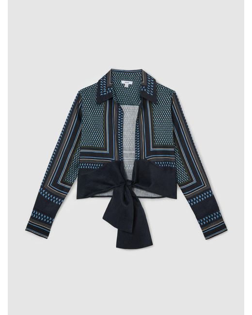 Reiss Blue Linen Scarf-Print Tie-Front Shirt
