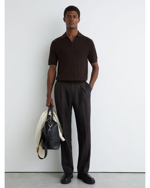 Reiss Black Chelmsford - Chocolate Brown Wool Wide-rib Polo Jumper, M for men