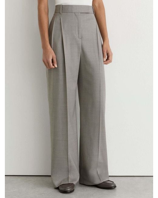 Reiss Gray Wool-Blend Wide-Leg Pleated Trousers