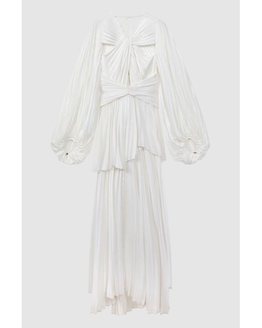Acler White Pleated Blouson Sleeve Midi Dress